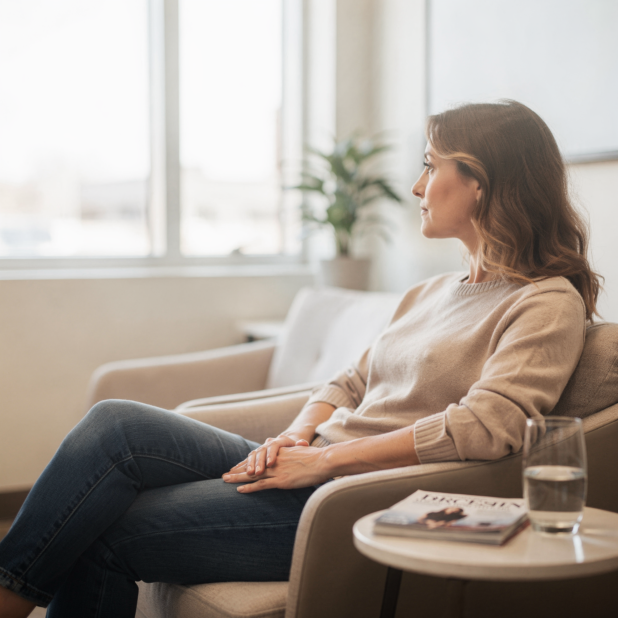 Woman sitting on a couch in a bright clinical office with large windows, a potted plant, and a side table with water glass
